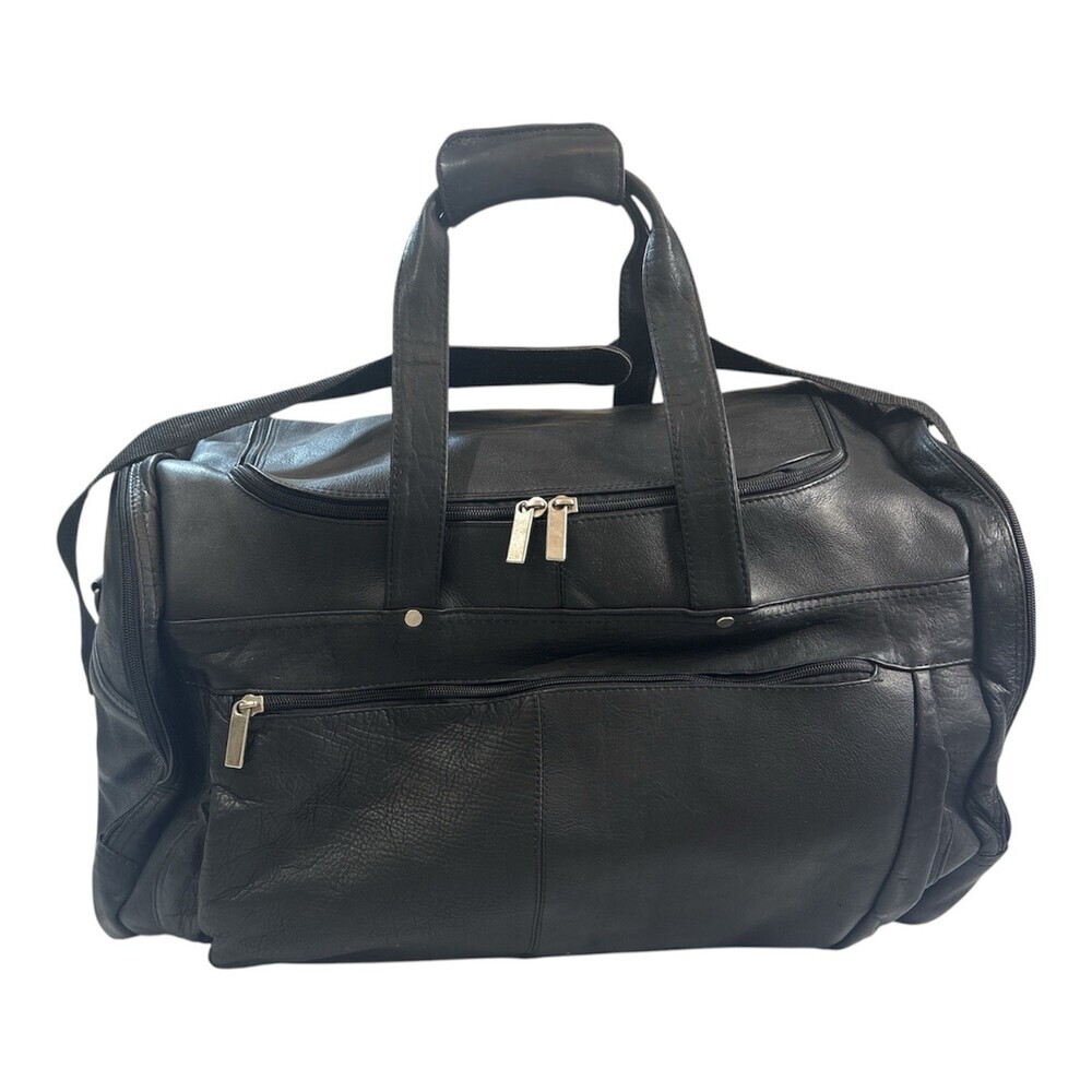 Extra Large Black Multi Pocket Leather Duffle Bag Travel